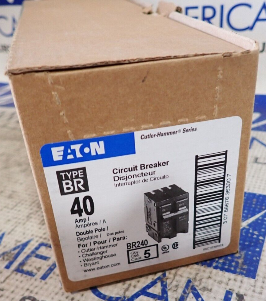 Case of 5 NEW – Eaton BR240 40 Amp 120/240 VAC 2 Pole Type BR Plug-In Breakers