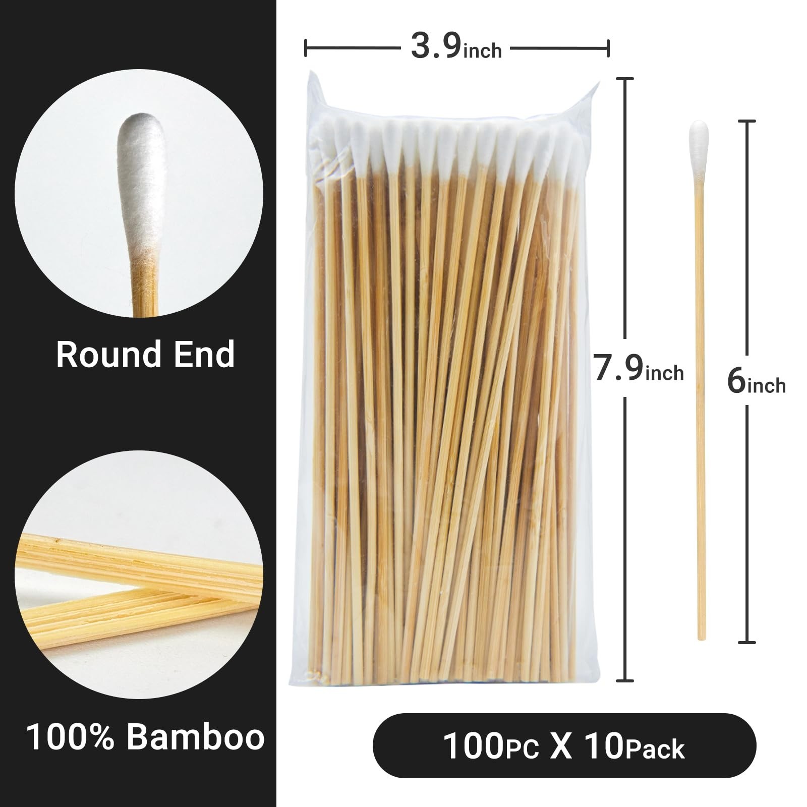 500/1000 Count 6” Long Round/Pointed Cotton Swabs Durable Stem, Lint- Free G…