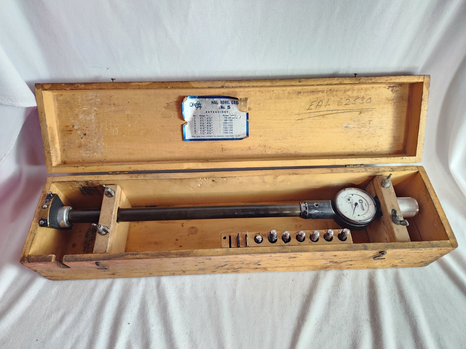 Standard Dial Bore Gage No. 5 Range 3.09″ – 6.125″ W/7 Extensions Wood Box Deep