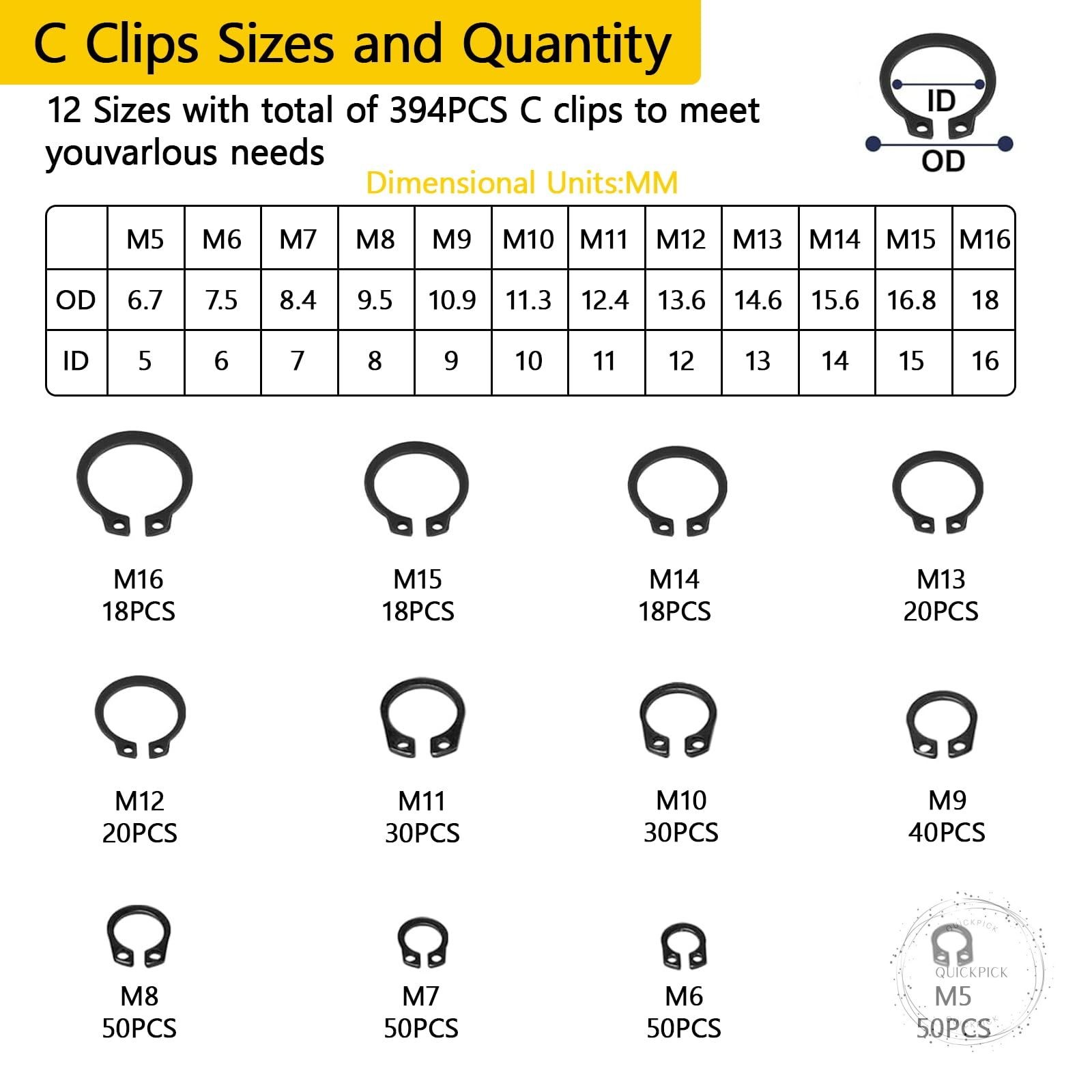 900Pcs C Clips Assortment (M5-M16) and E Clips Assortment Set (M2-M12), External