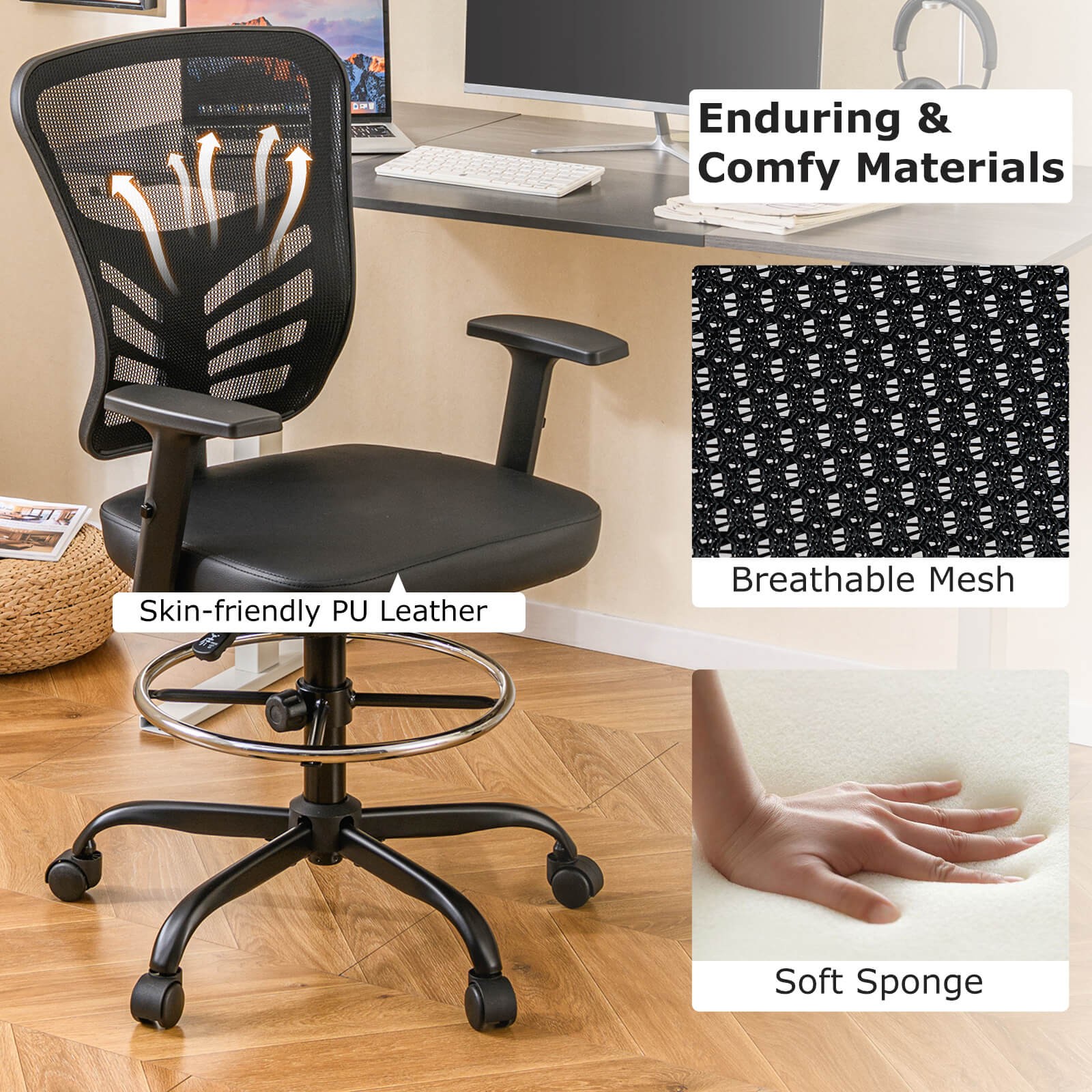 Costway Mesh Drafting Chair Office Chair w/Adjustable Armrests & Foot-Ring Black