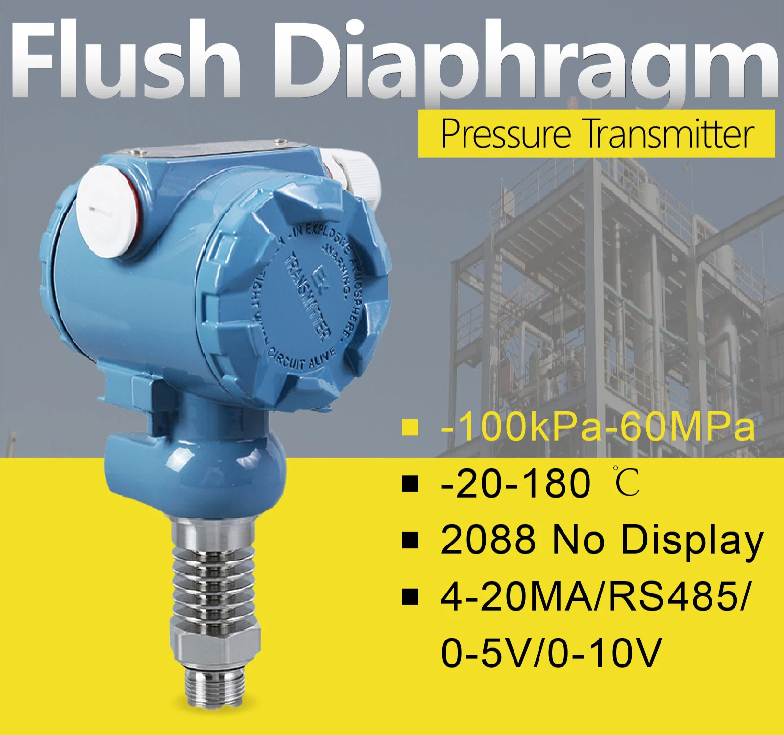 Pressure Transmitter Flush Diaphragm High Temperature 4-20mA RS485 316L Steel