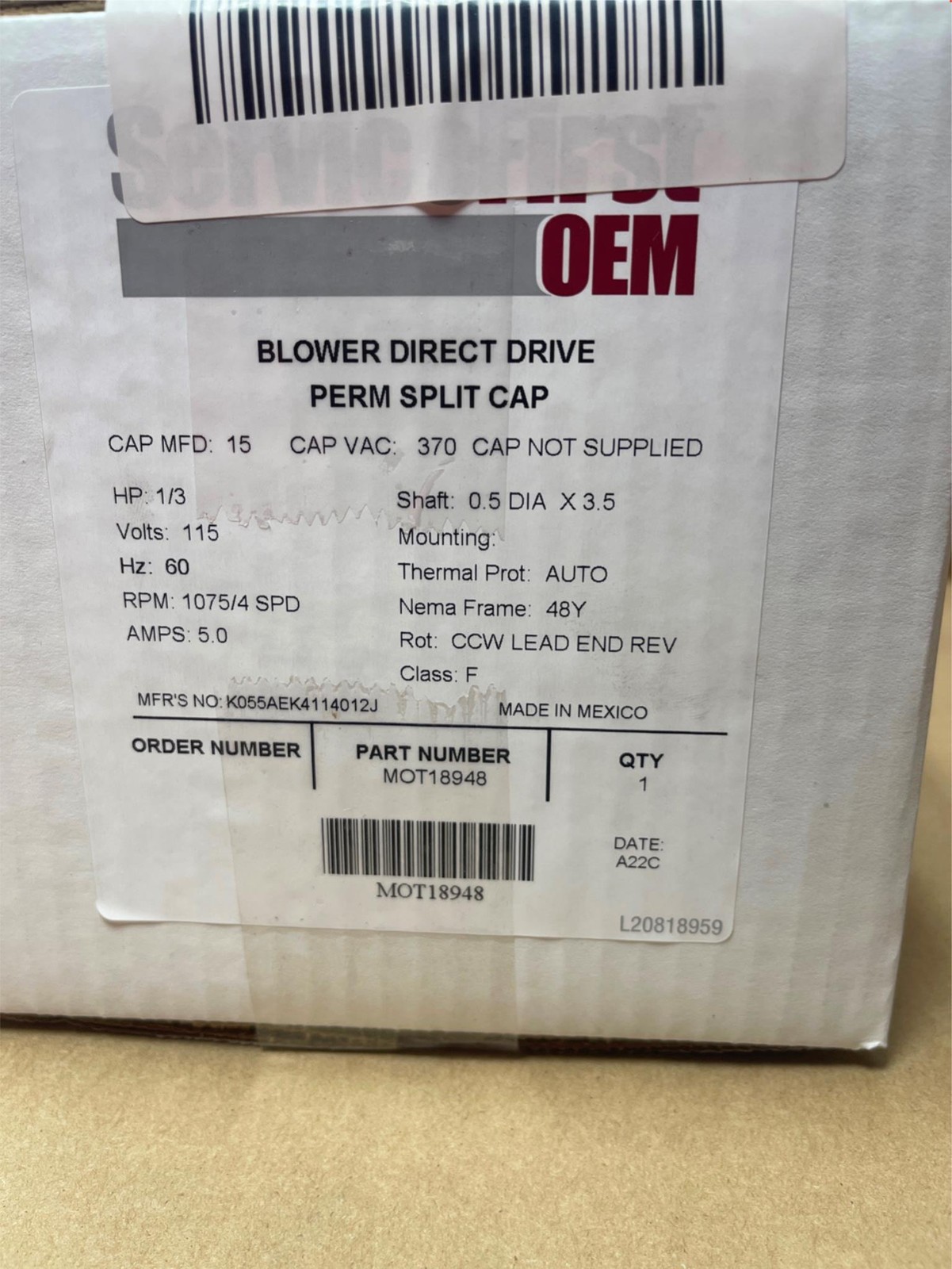 OEM Trane Furnace Blower Motor MOT18948 MOT09053 1/3HP 115V 1075RPM 48Y Frame