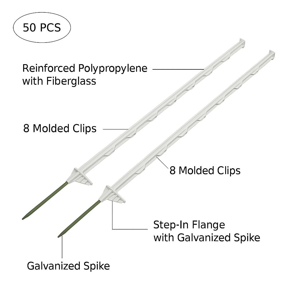 50-Pack 48″ Step-in Posts with Clips – Reinforced Poly with Galvanized Spike – E