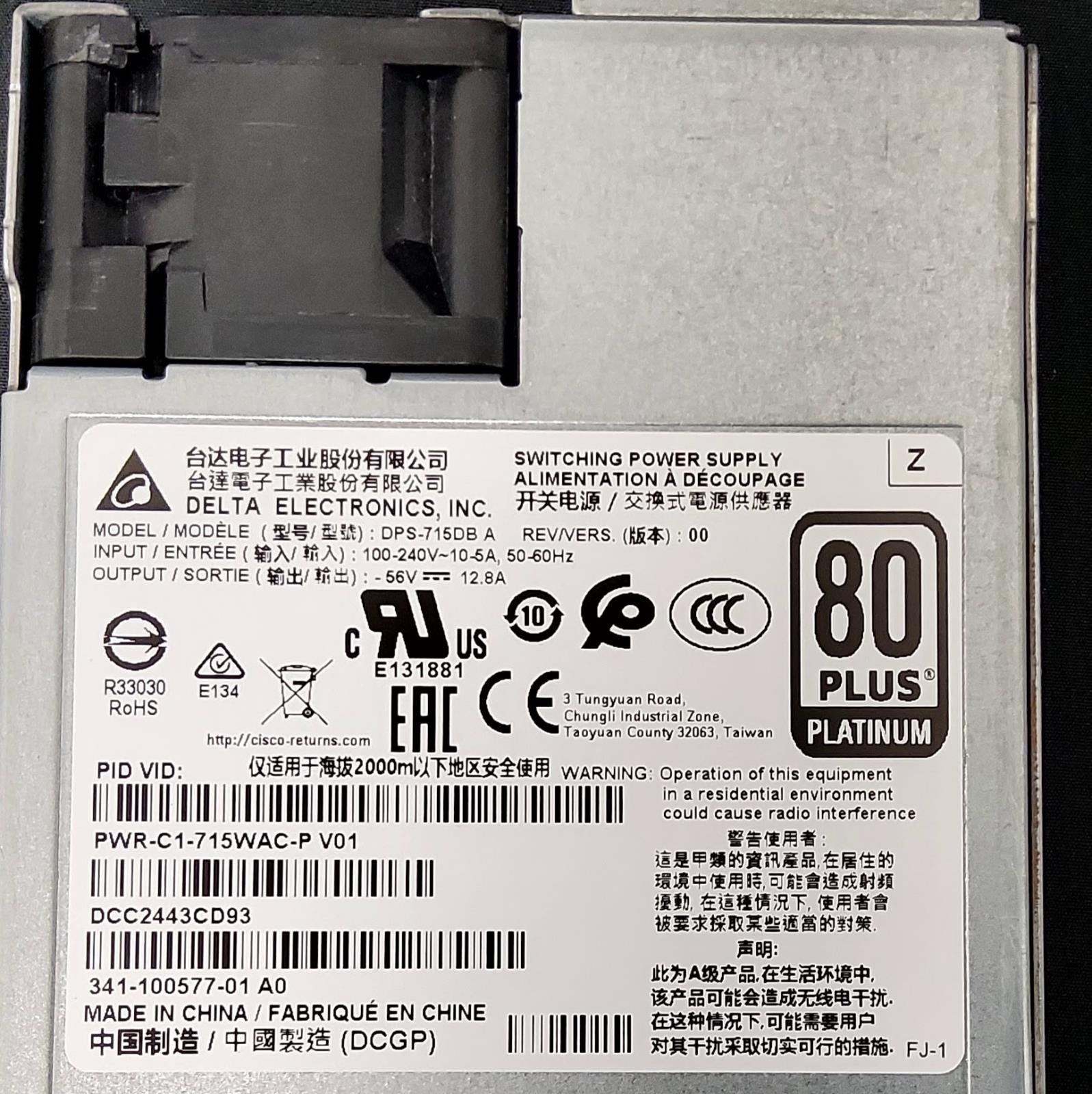 Cisco PWR-C1-715WAC-P 715W Power Supply for 9300 Series Switches