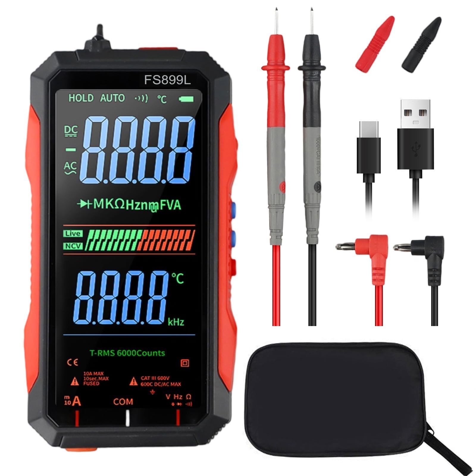 FS899L Digital Multimeter with Color Screen & Storage Case, USB C Rechargeabl…