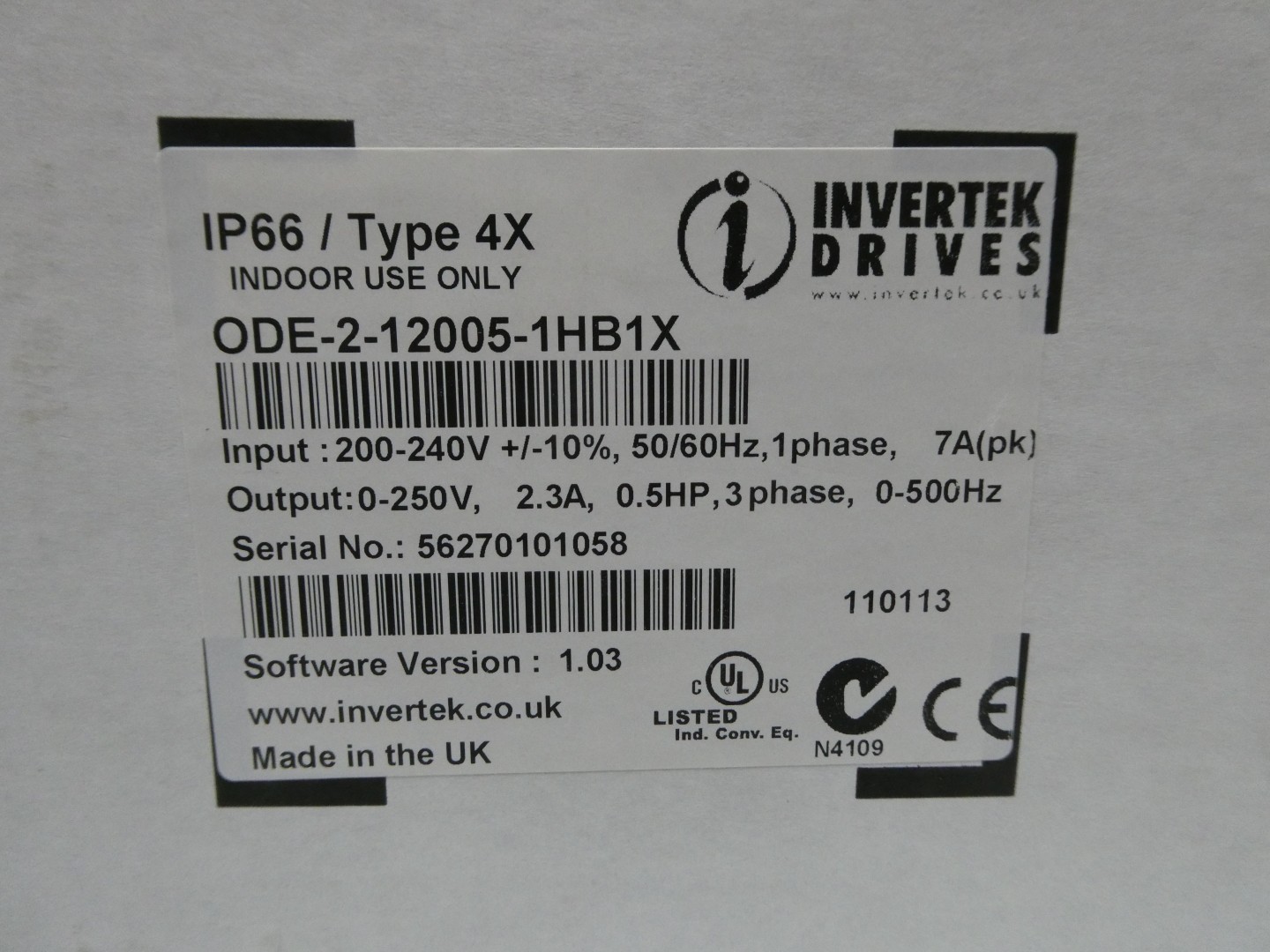 Invertek Drives ODE-2-12005-1HB1X Vfd Drive 250v-ac 1/2hp 200-240v-ac 0-500hz