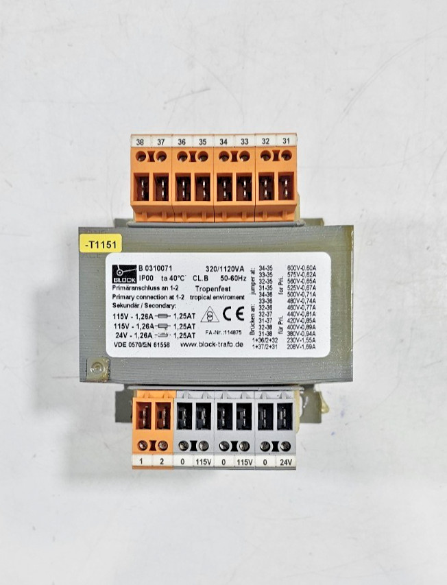 Block B 0310071 IP00 Transformer Pri,208-600VAC50/60Hz Sec,24-115VAC50/60Hz