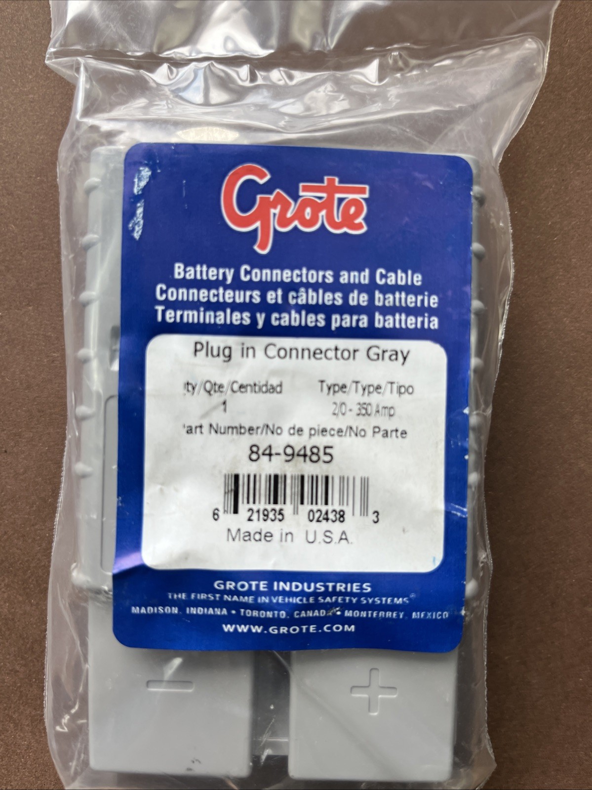 Grote 84-9485 Booster Cable Plug-In End 2/0 Gauge 350 Amp Gray OEM NEW
