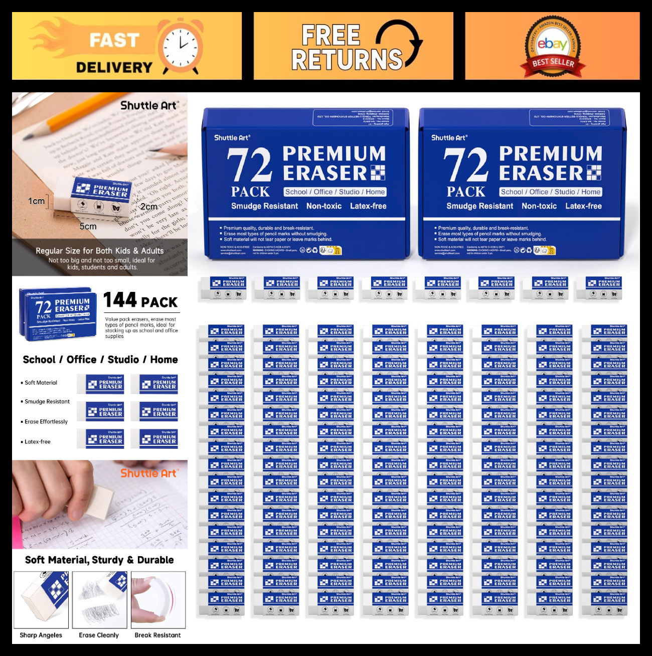 144 Pack Premium White Erasers – Bulk Classroom Set for Kids & Teachers Supplies