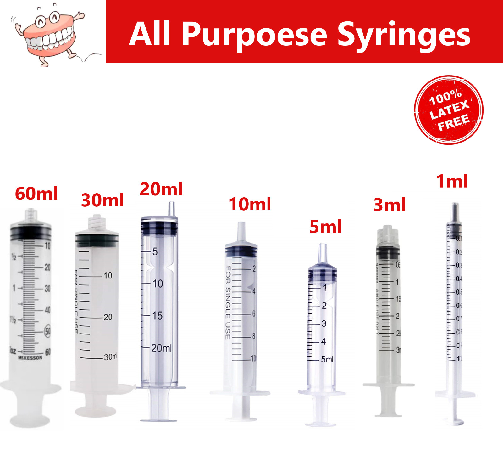 1ml / 1cc Syringe (No Needle) 3cc, 5cc, 6cc, 10cc, 20cc, 30, cc, 60cc, 5-100/Bx