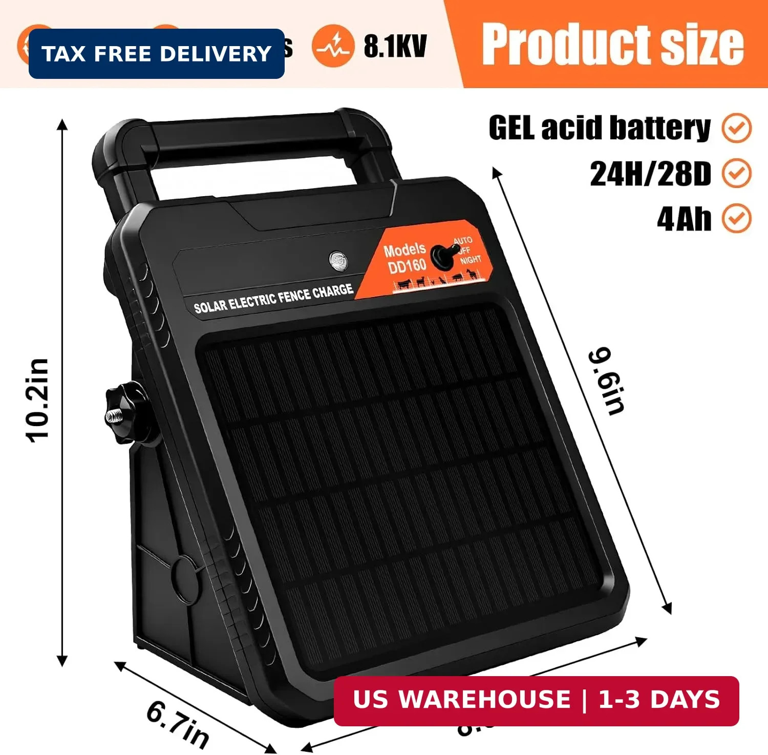 10 Miles Solar Electric Fence Charger 0.16J Portable Fence Energizer, Solar Fenc