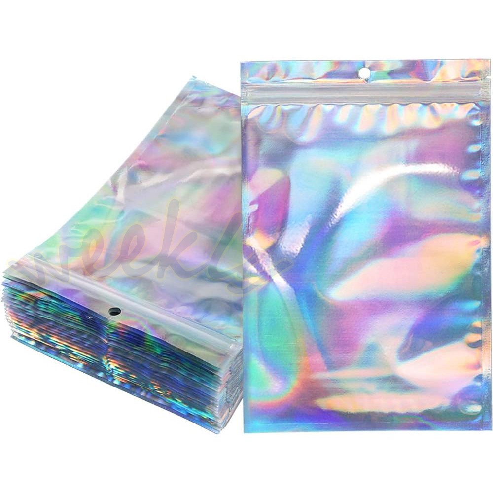 100 Holographic Mylar Foil Bags Smell Proof Resealable Clear Zip Lock Pouch Food