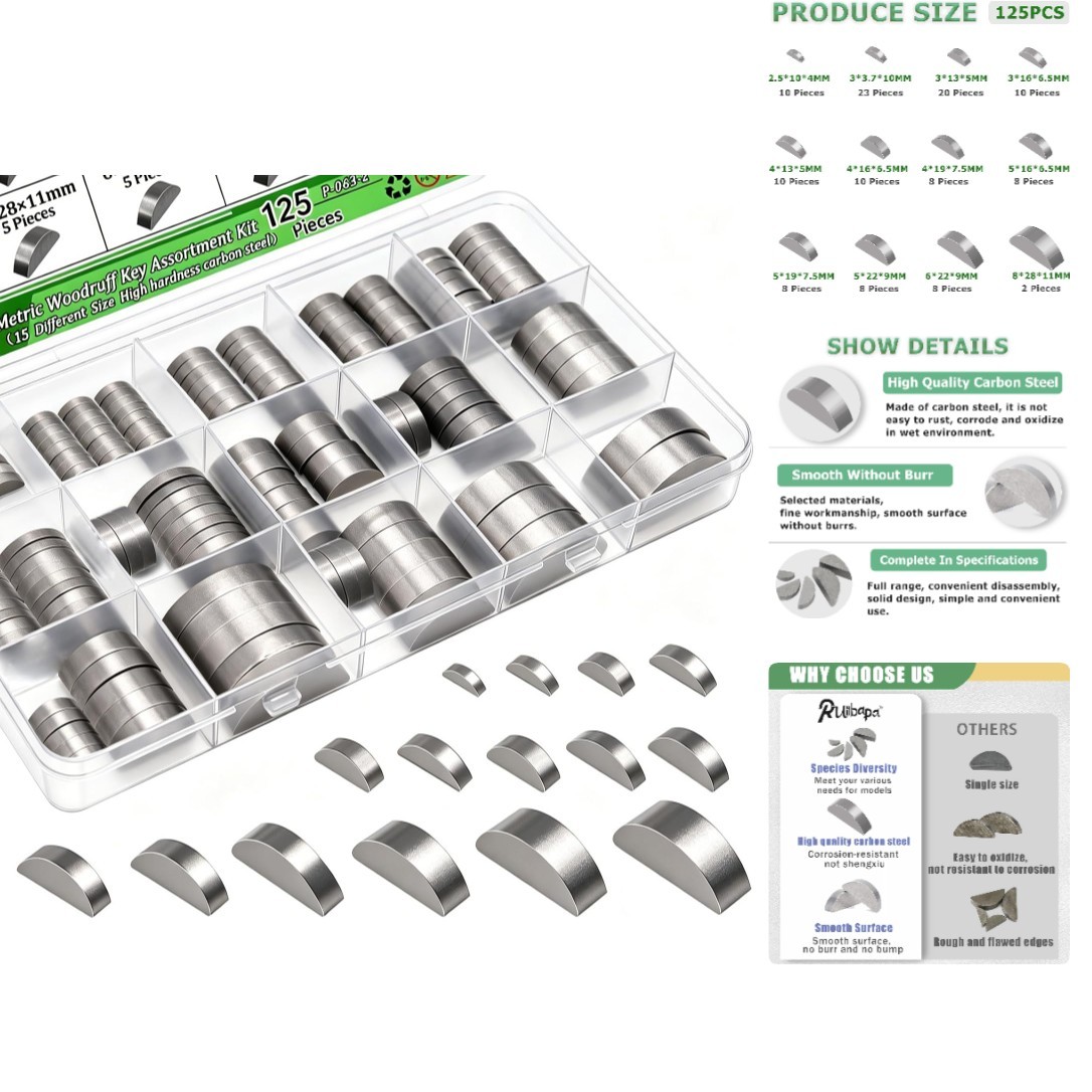 125pcs Metric Woodruff Key Assortment Kit,12 Sizes Carbon Steel Woodruff-key Kit