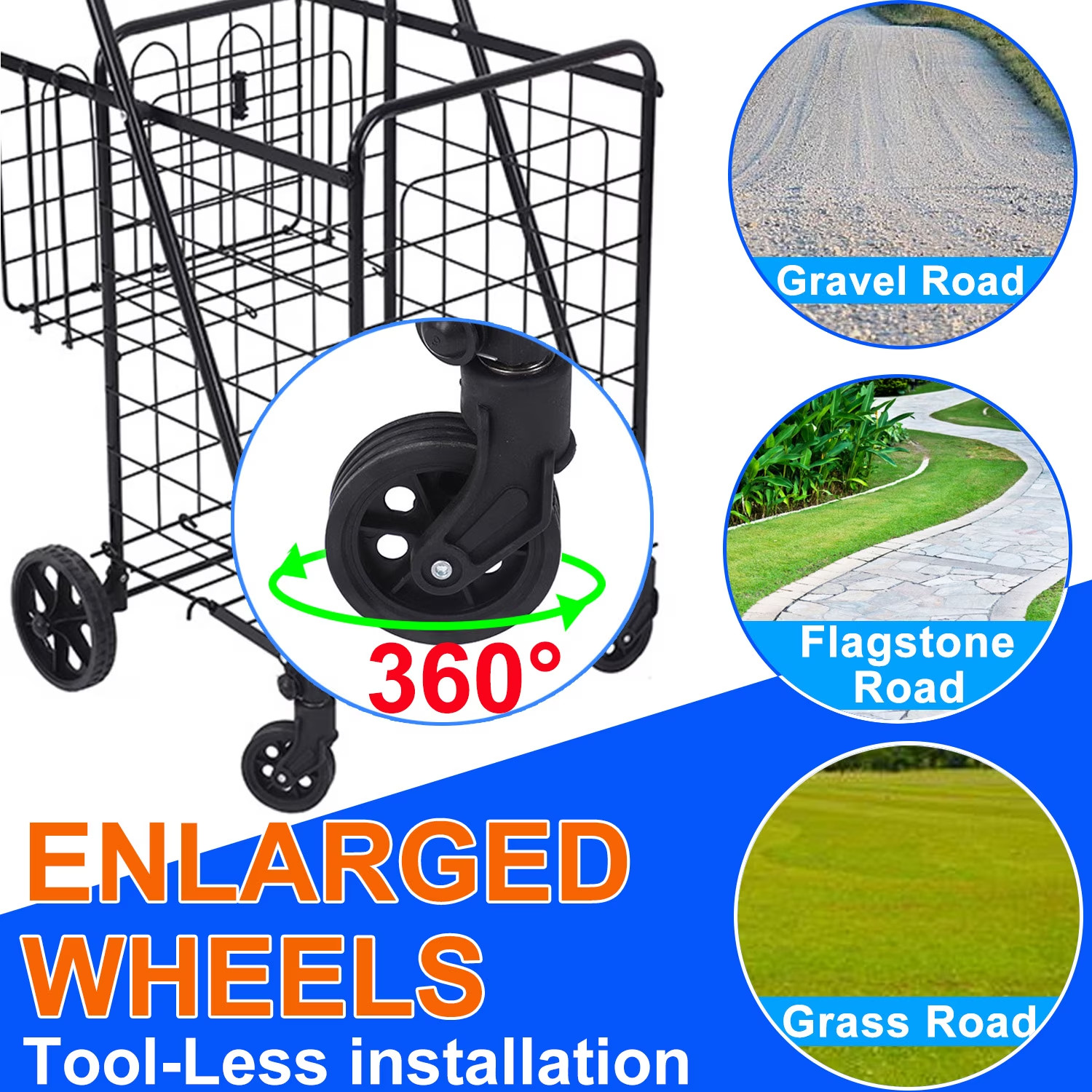 Folding Shopping Cart, Utility Trolley w/Removable Basket, Swivel Wheels, Black