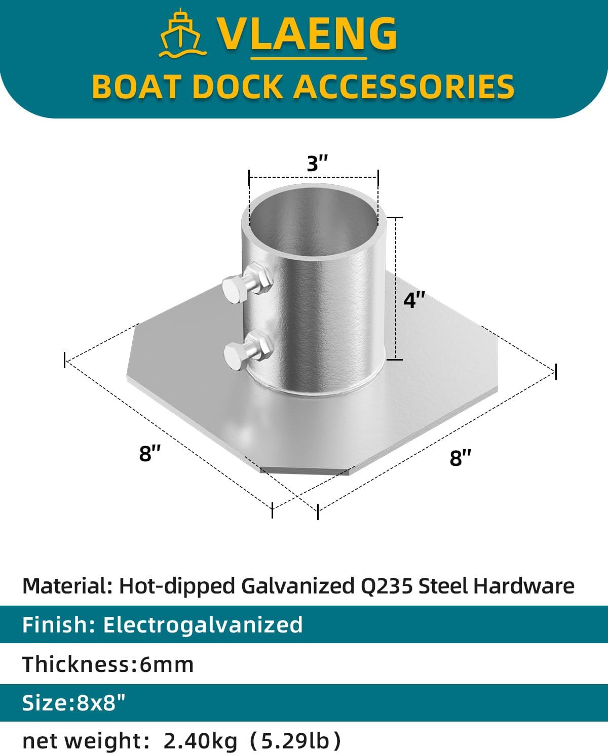 Stationary Dock Bottom Pad 2 Pcs, 8″ X 8″ Stationary Dock Base Plate Hardware, F
