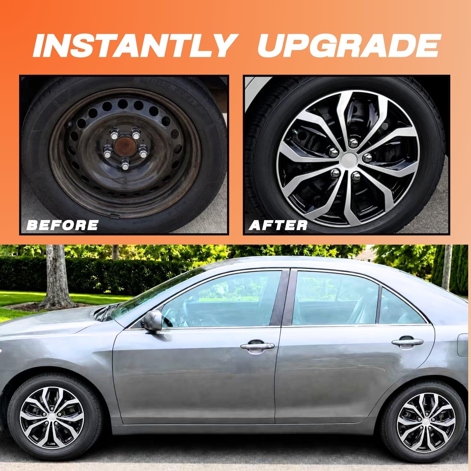 15 Inch Universal Hubcaps, Silver & Black Snap-On Wheel Covers, Compatible wi…