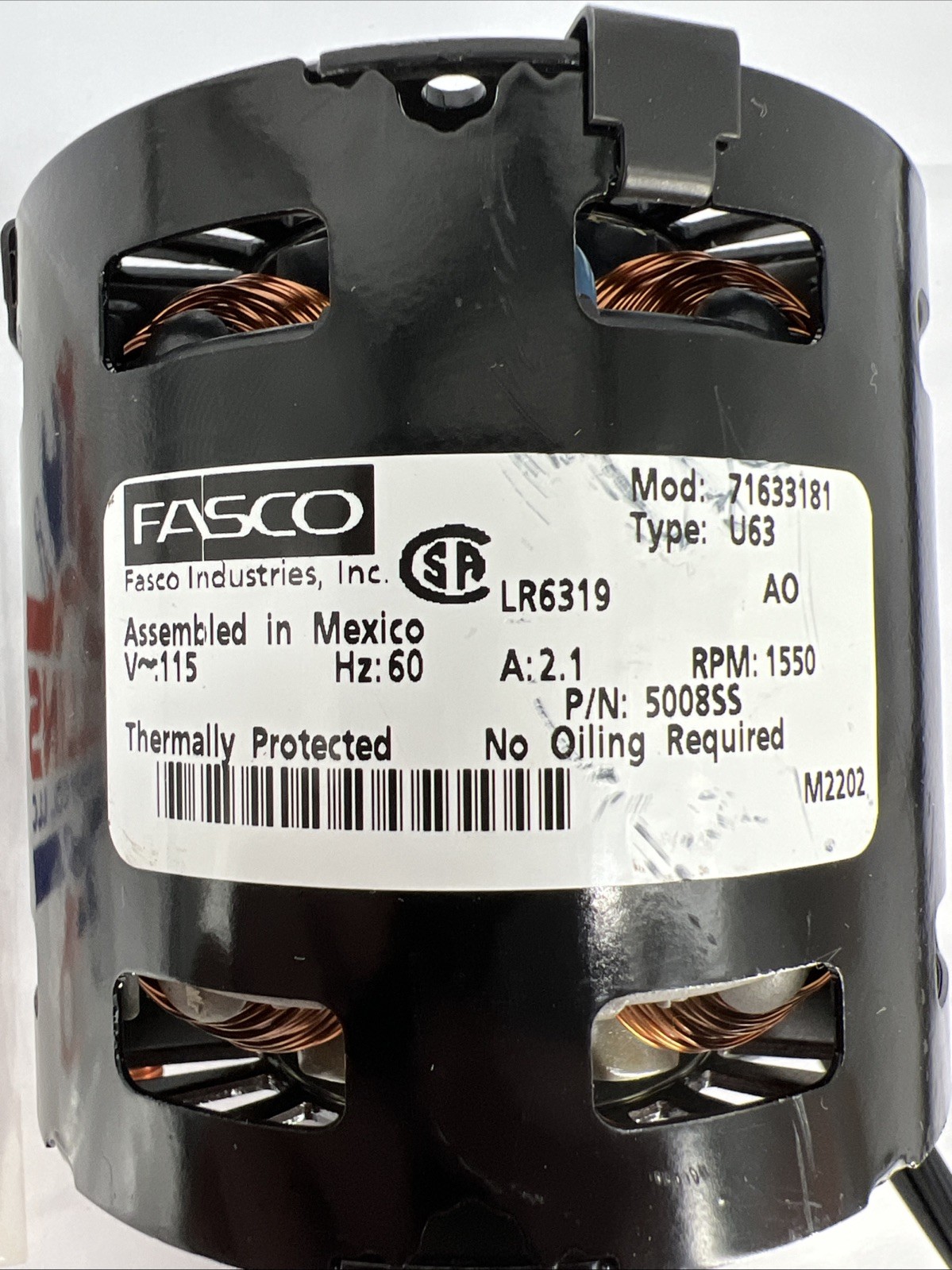 FASCO 71633181 Inducer Fan Motor, Type U63, 115V, 60Hz, 5008SS, 2.1A, LR6319
