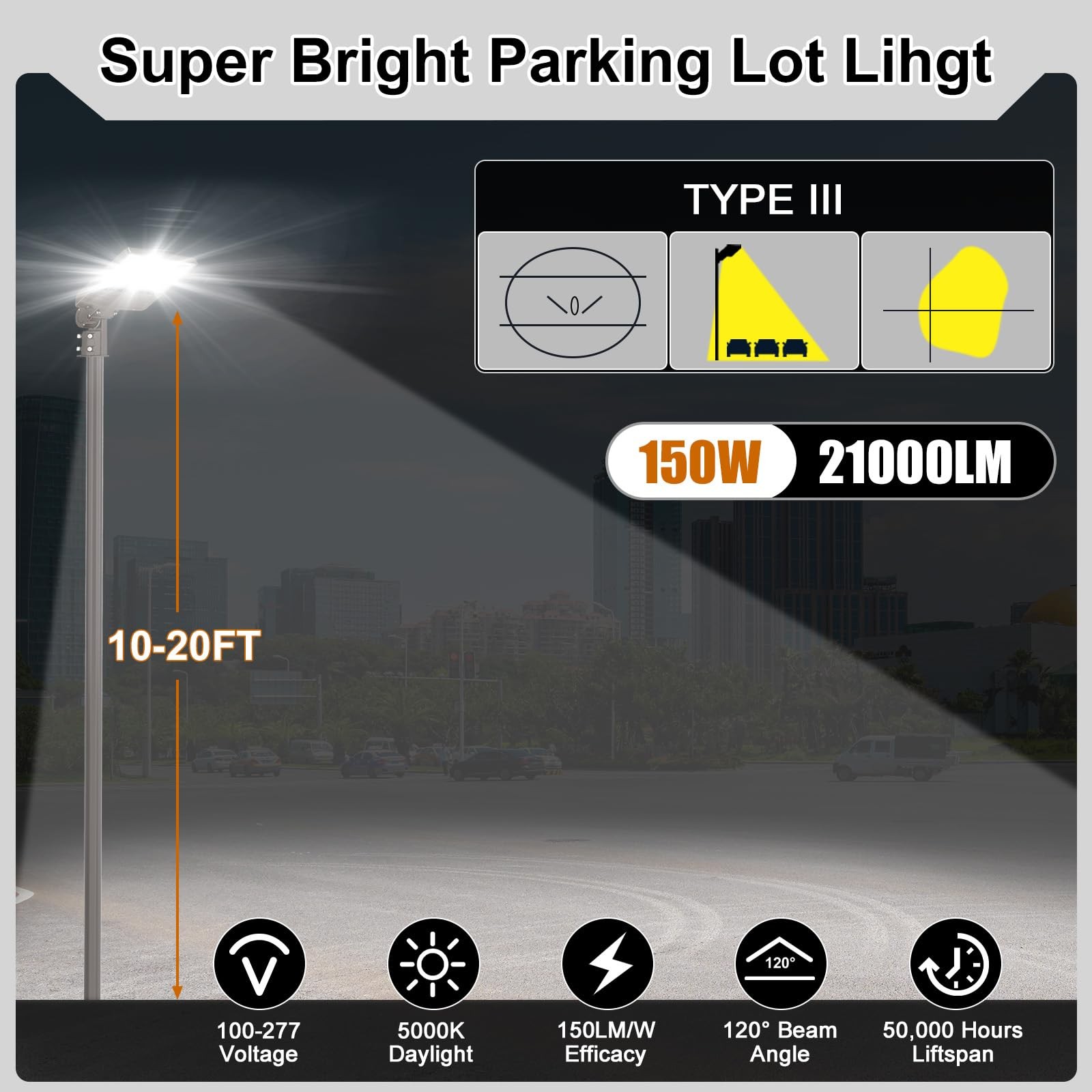 150W LED Parking Lot Lights Street Light Shoebox Pole Light Fixture Dusk-to-Dawn