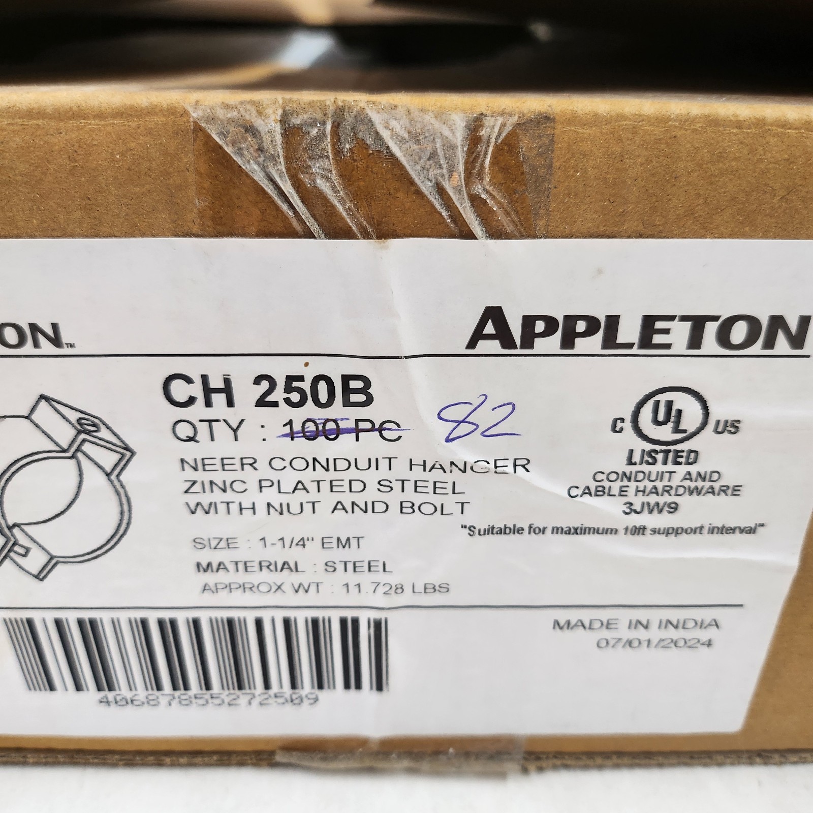 1 Box of 82 NEER CH-250-B CH250B Conduit Hanger w/Nut & Bolt 1-1/4″ New Old Stk