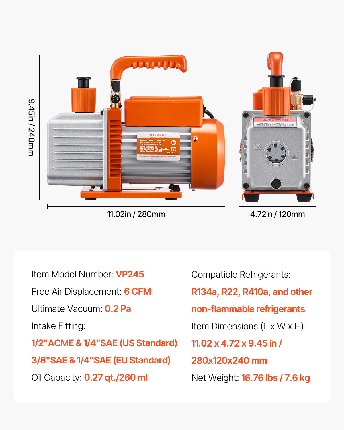 VEVOR Vacuum Pump 6 CFM HVAC 2 Stage Rotary Vane Vacuum Pump Oil Included