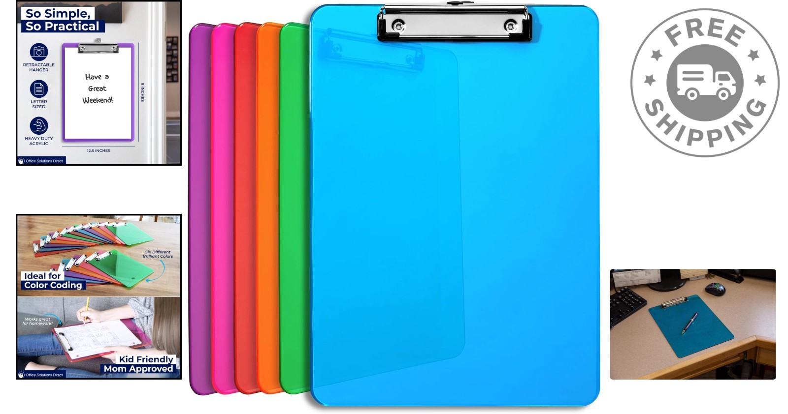 Set of 6 Vibrant Multi-Color Plastic Clipboards – Lightweight & Stackable