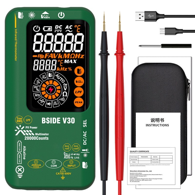 Photovoltaic Multimeter mV/uA IR Thermometer Test Pen TRMS Li-Battery Color LCD