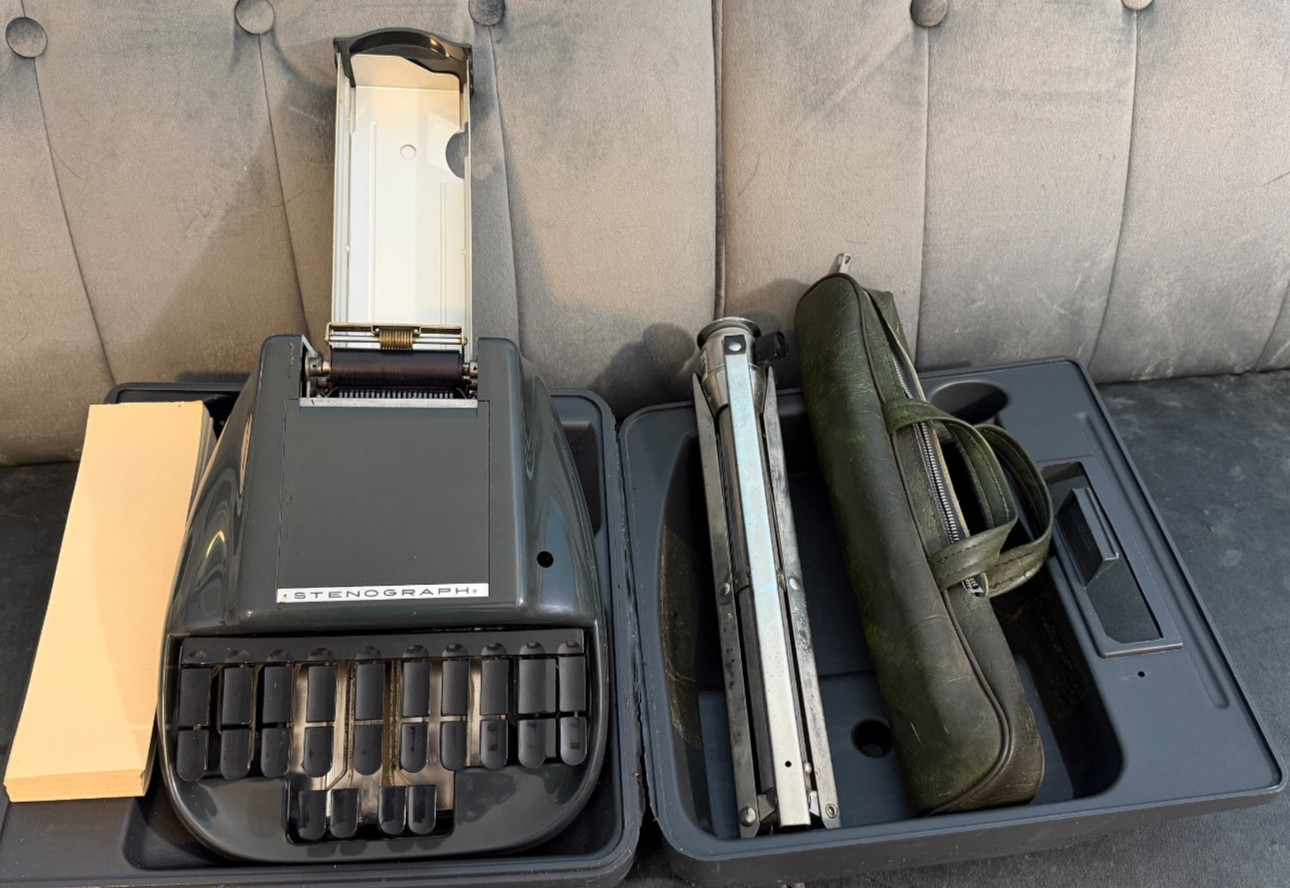 Vintage Stenograph Stenotype Reporter Machine w/ Case Tripod Paper Tested