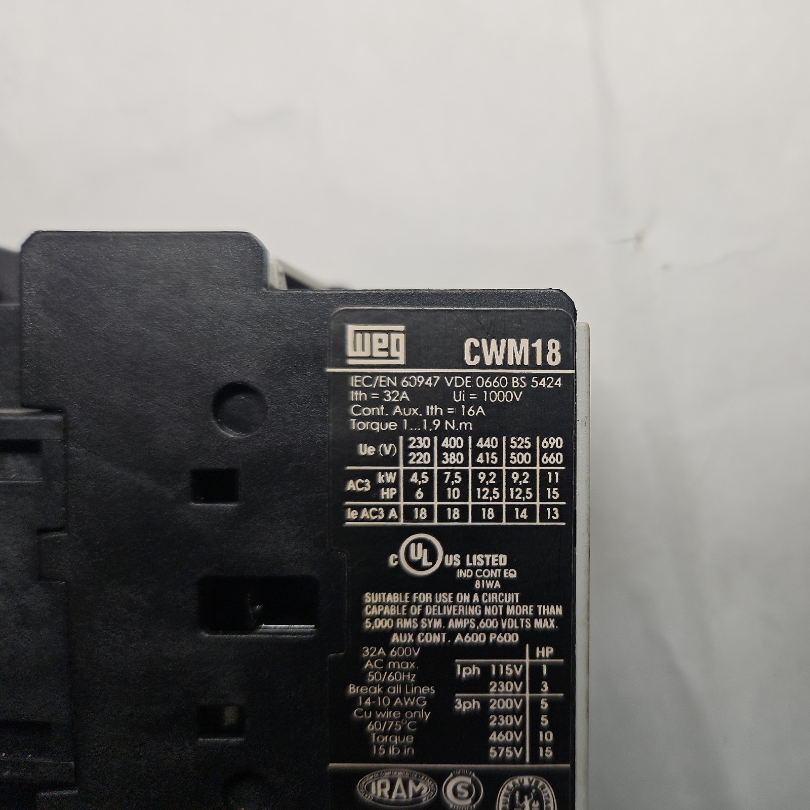 WEG CWM18 – CONTACTOR CWM18-10E  15HP COIL 120V