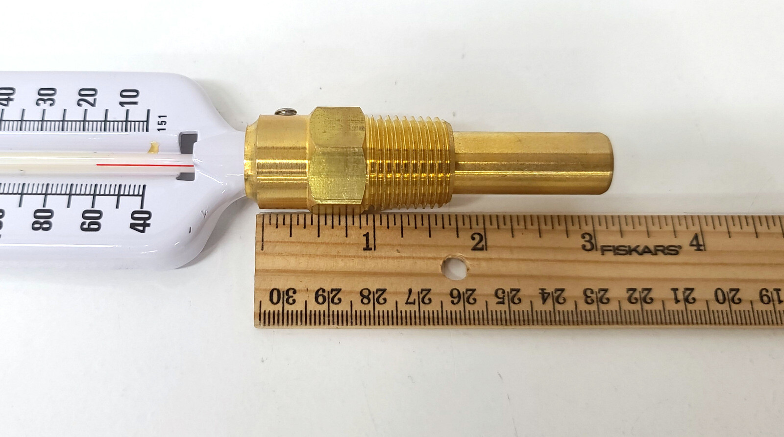 Glass Hot Water Thermometer Straight Stem Brass 1/2″ Connection ~ 40/280F 5/135C