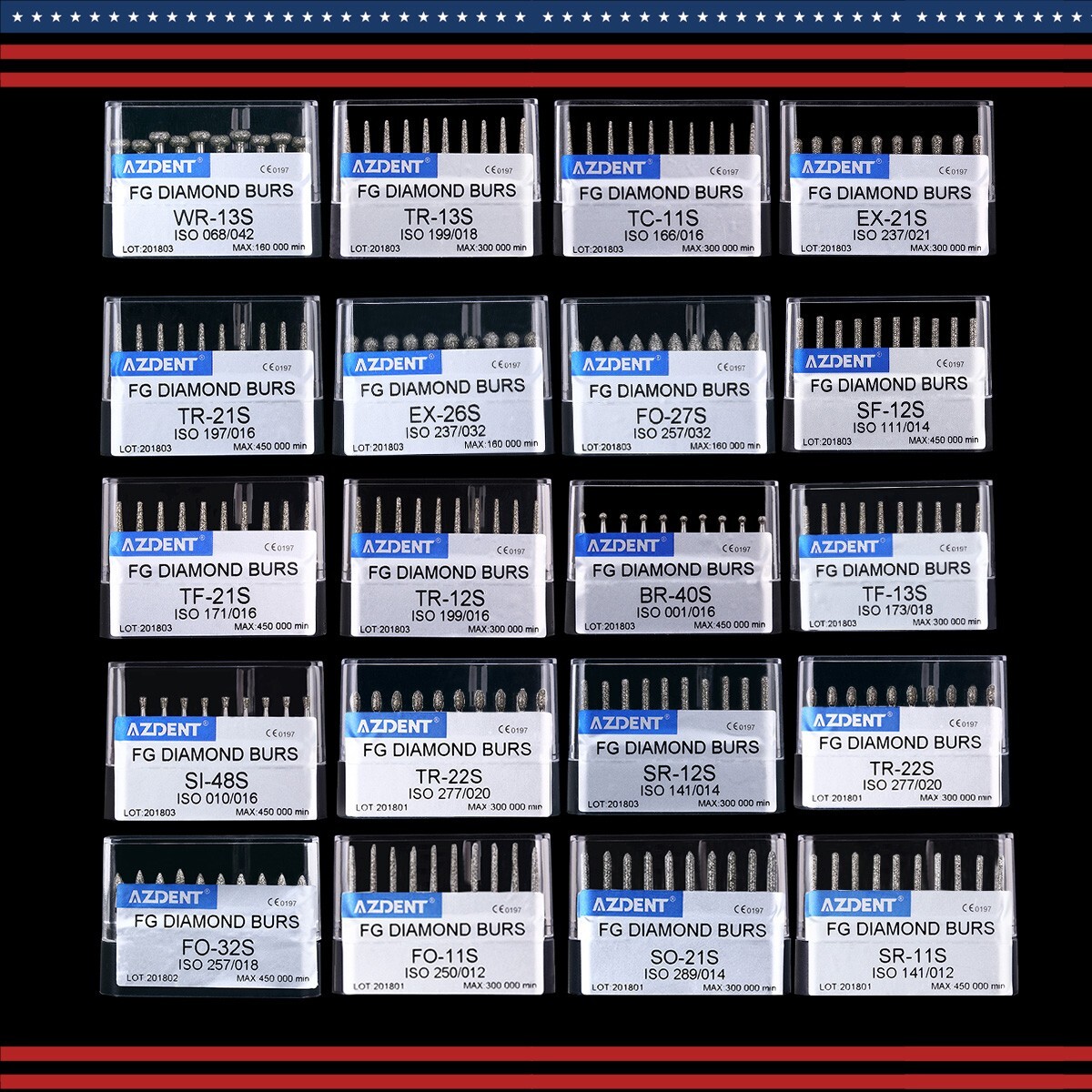 10pcs AZDENT Dental FG Diamond Burs Drill Kit FG 1.6mm for High Speed Handpiece
