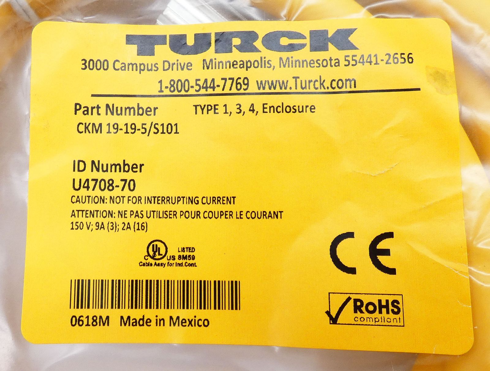 Turck CKM 19-19-5/S101 U4708-70 150V 9A (3) 2A (16) Interconnect Cable -Unused-