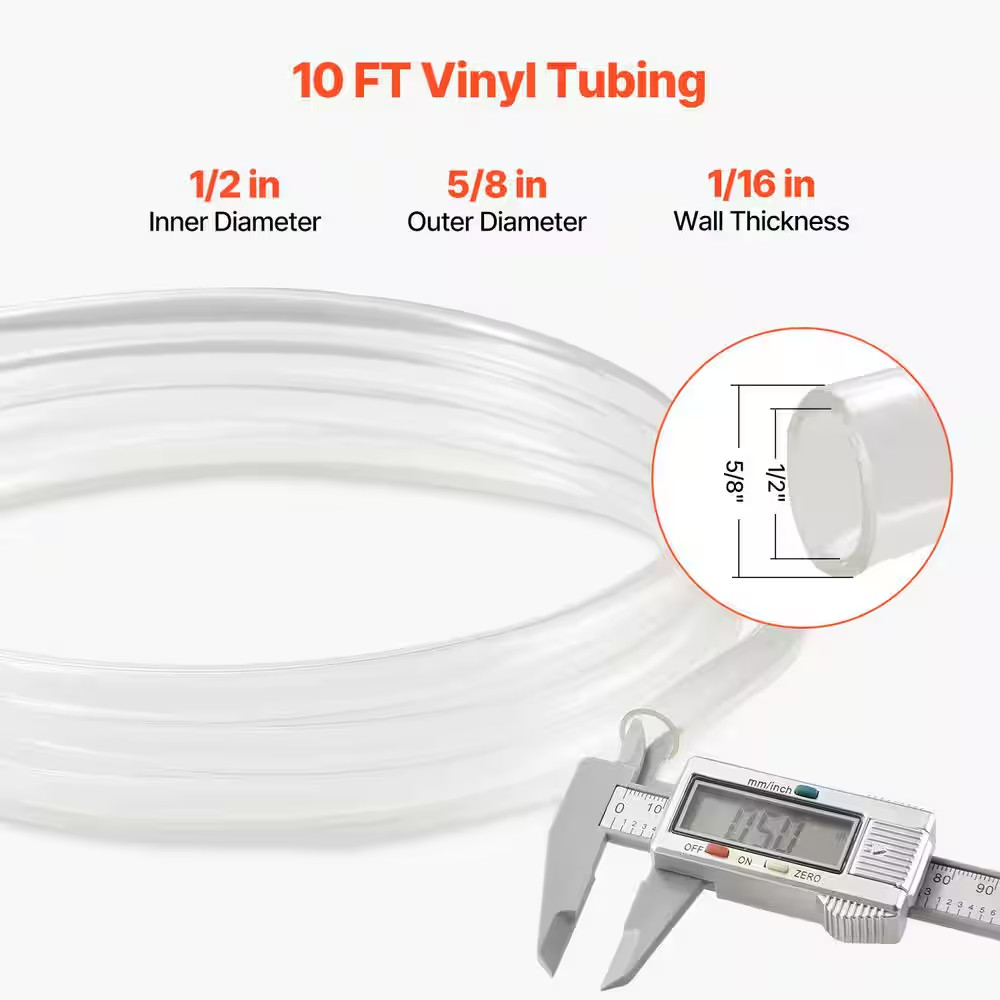 Clear Vinyl Tubing, 1/2 In. ID X 5/8 In. OD, 10 FT. Plastic PVC Tubing, Flexible