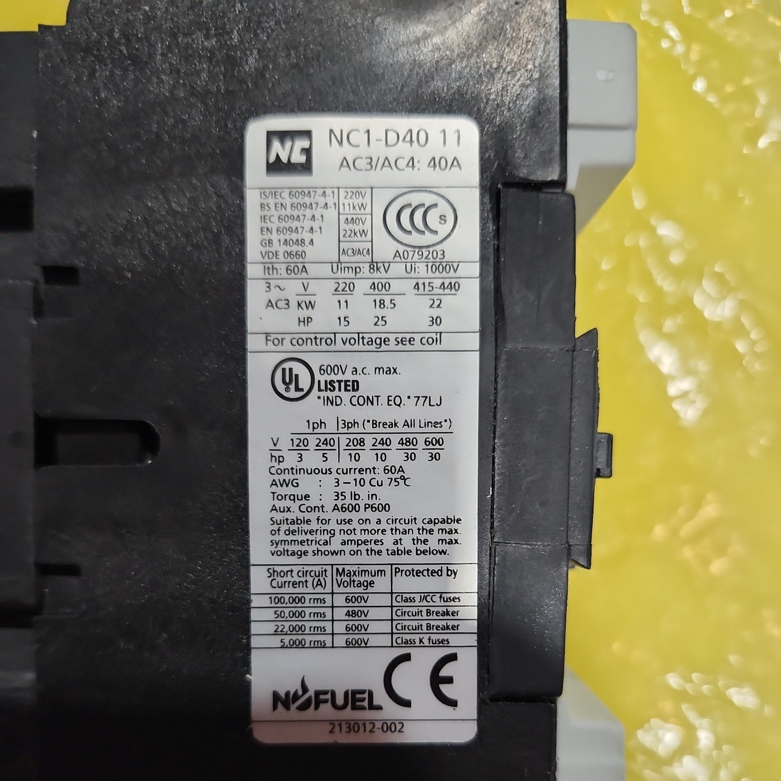 NOFUEL NC1 D40 11 F7 Contactor NC1D4011 Replaces LC1-D4011-F7 120V Coil