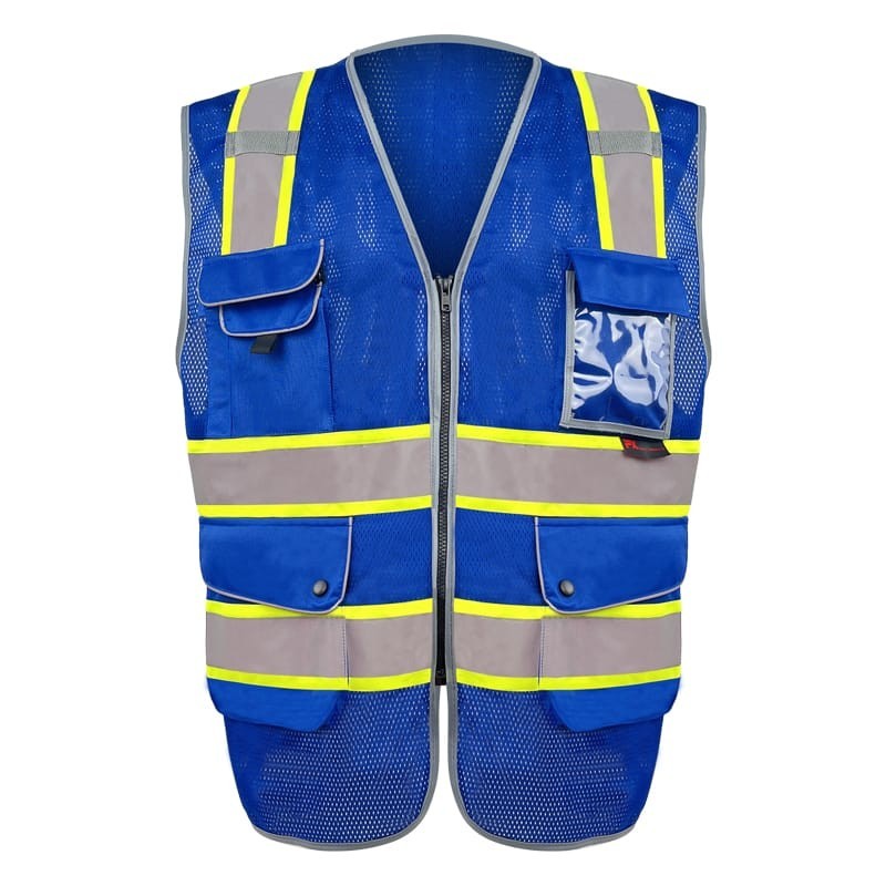 FX Class2 Hi-Vis Reflective Safety Vests with 6 Pockets and Zipper Front Blue .