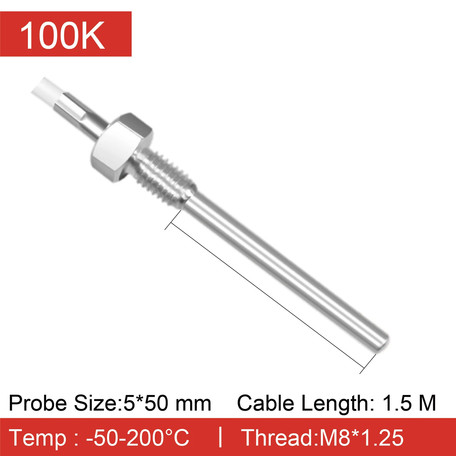 Temperature Sensor Probe NTC 0K/50K/100K M8 Thread SS -50~200°C Fast Response