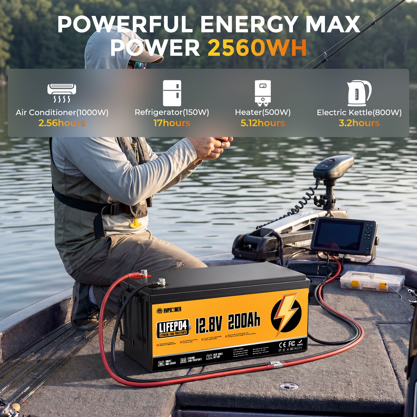 12V 200Ah Lithium LiFePO4 Battery 2560Wh Built-in BMS Deep Cycle Marine RV Solar