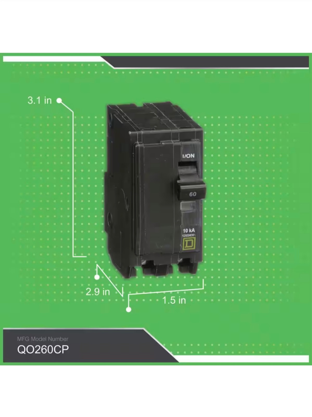 Square D Circuit Breaker QO, 60 Amp, 2 pole, 120/240VAC, 10kA (QO260)