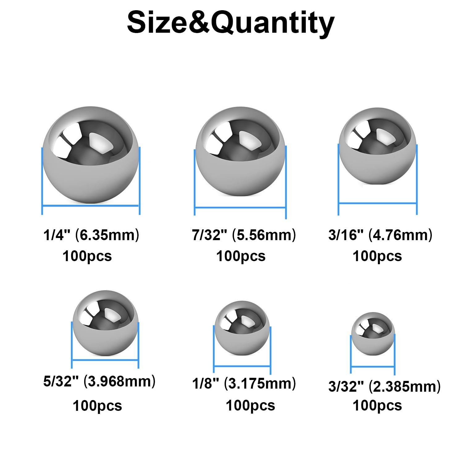 600 Piece 6 Sizes Assorted Loose Bicycle Bearing Balls 1/4″ 7/32″ 3/16″ 5/32″…