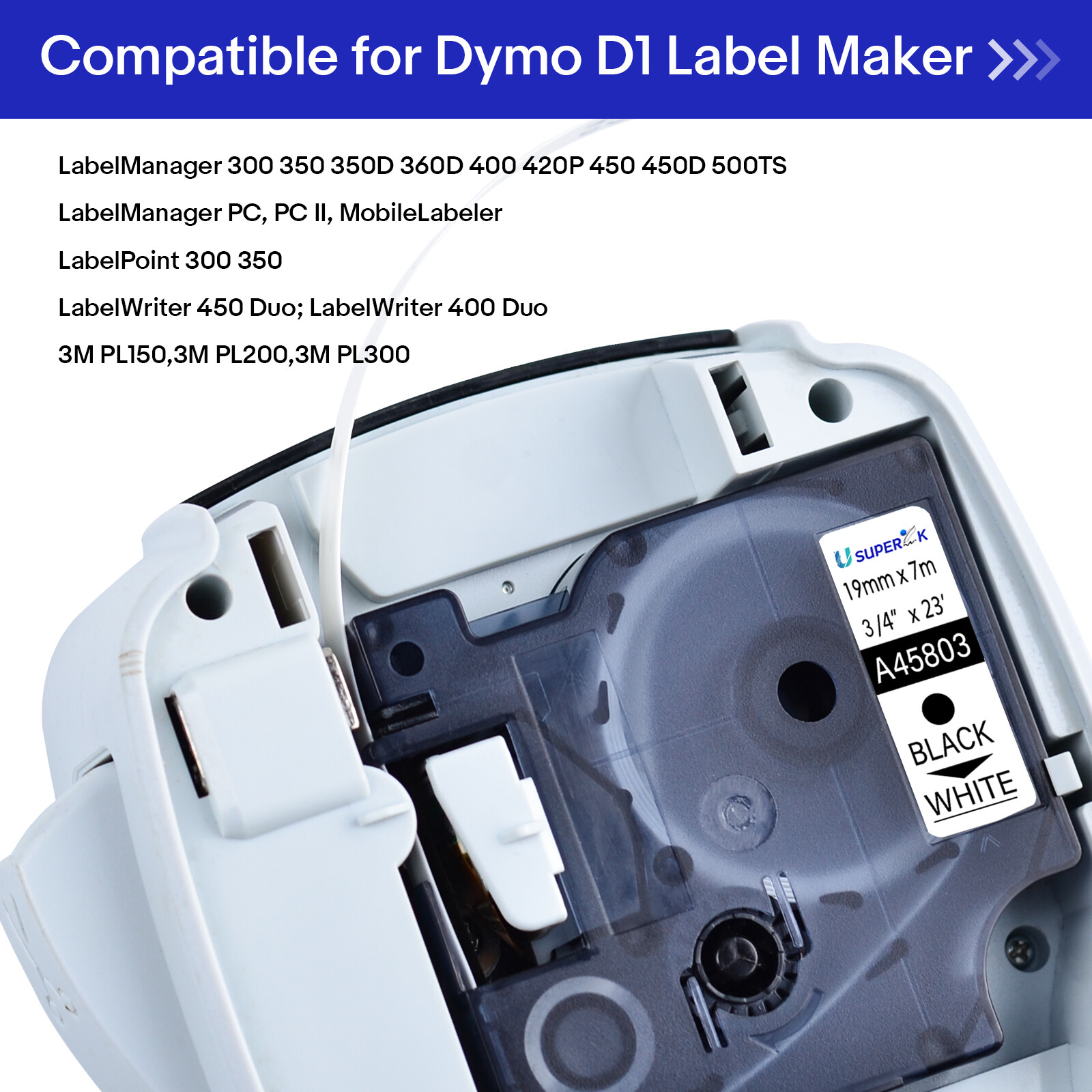 10PK For DYMO D1 45803 LabelManager 350D 450D Black on White Label Tape 19mm*7m