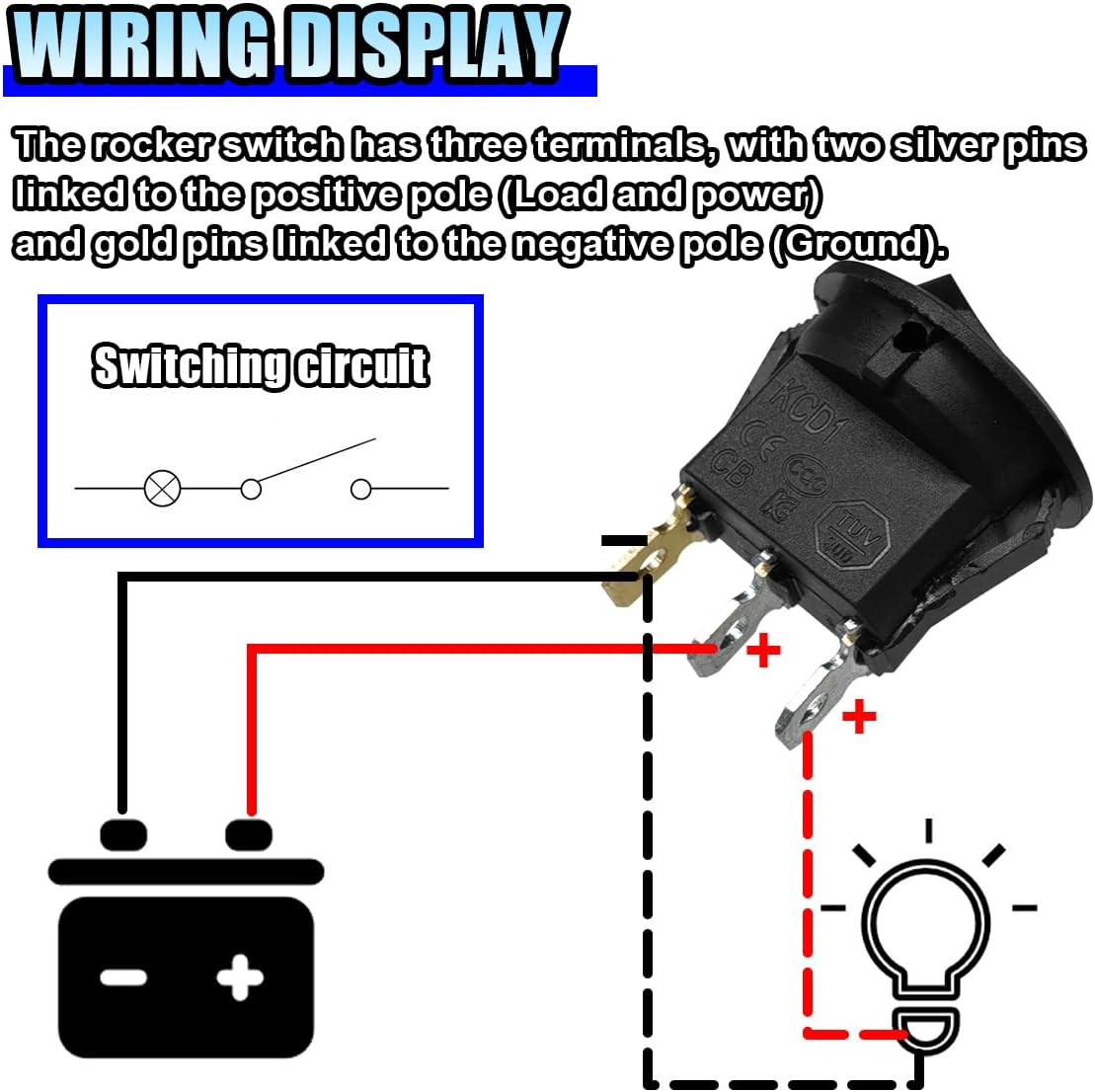 8PCS 12V 20A LED Light Circle round Toggle Rocker Switch, SPST 3 Pin KCD1 On-Off