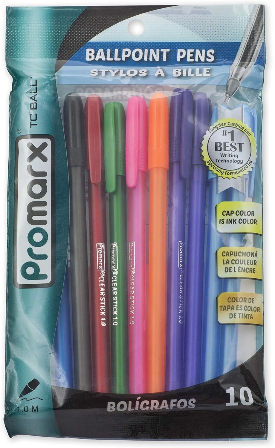 Promarx Fashion Stick Ballpoint Pens, 1.0 mm, Assorted Colored Ink, 10-Count