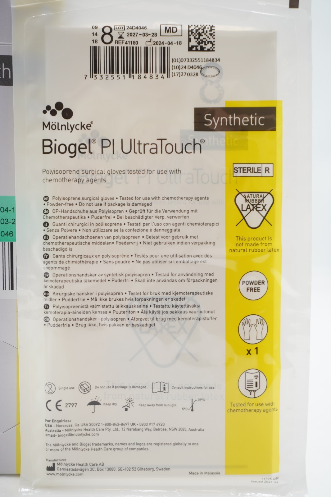 Molnlycke 41180 Biogel PI Ultratouch Gloves Box/50 EXP 03/2027 Size 8