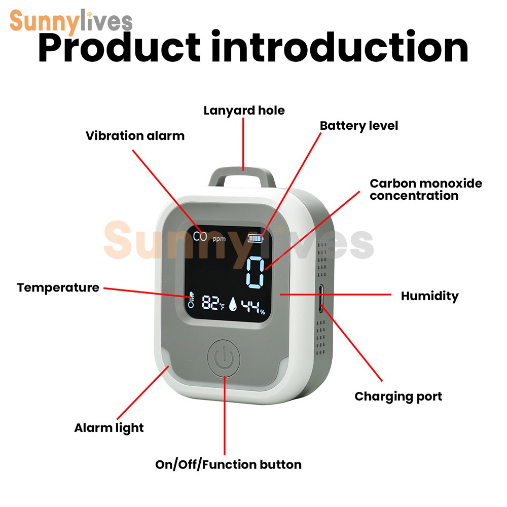 Air Quality Monitor 3-in-1 Carbon Monoxide Detector Temperature Humidity Alarm
