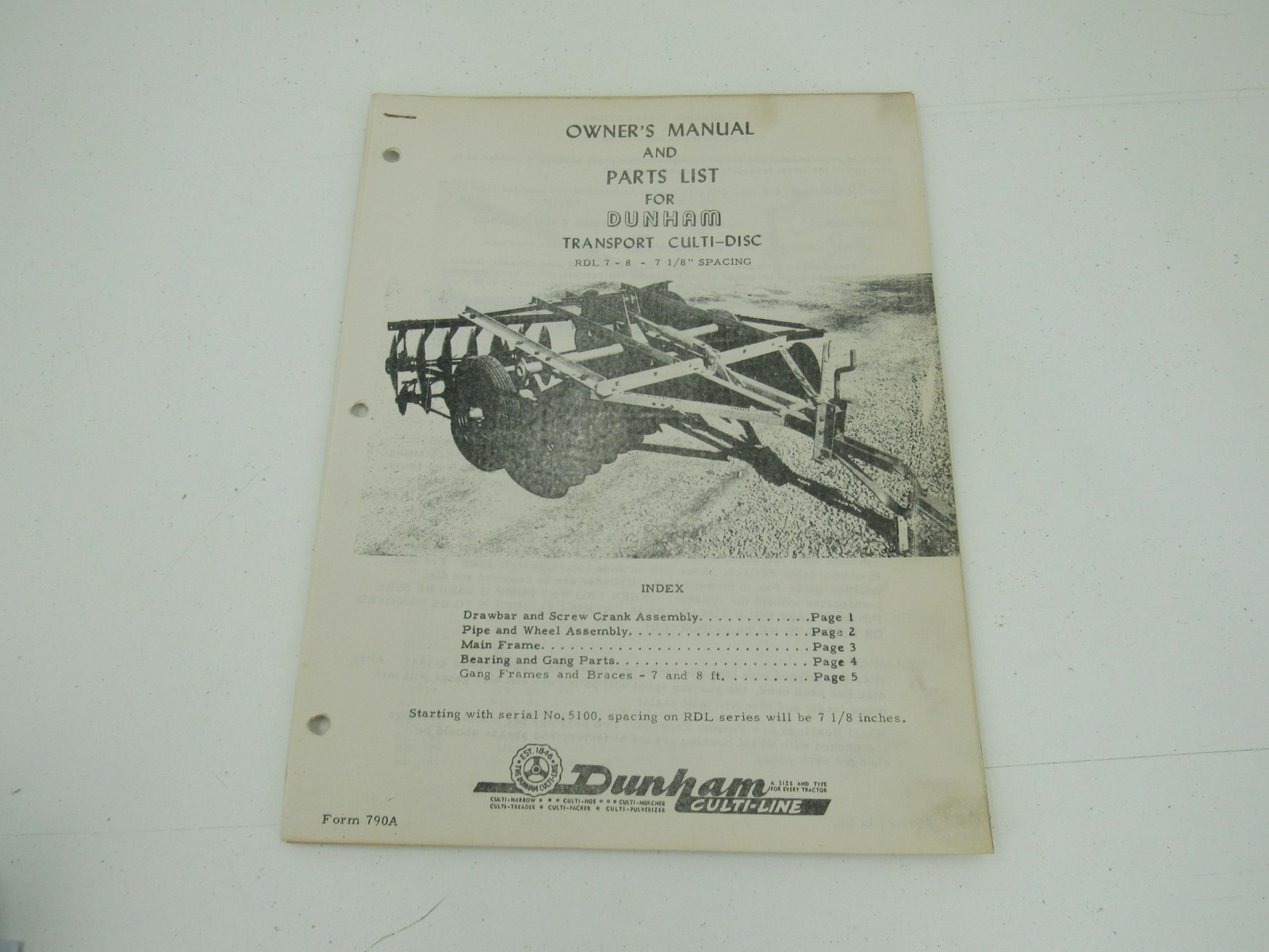 Dunham RDL 7 8 Transport Disc Owner’s Manual and Parts List
