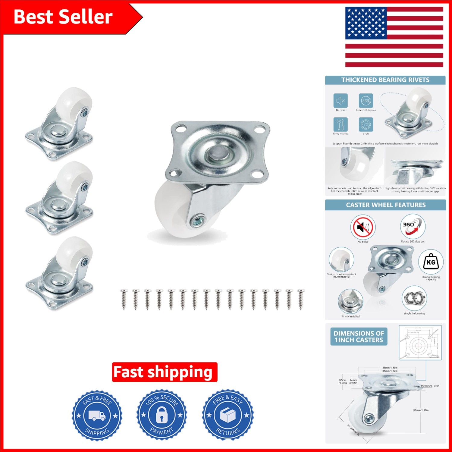 1-Inch Low Noise Swivel Caster Wheels Set of 4 – Perfect for Furniture Mobility
