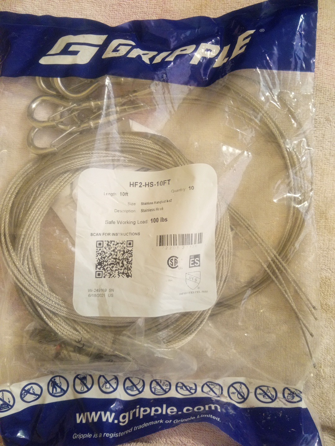 Gripple Stainless Hook Hanger No2 Pack/10 HF2-HS-10FT 100 LB Load *FREE S&H