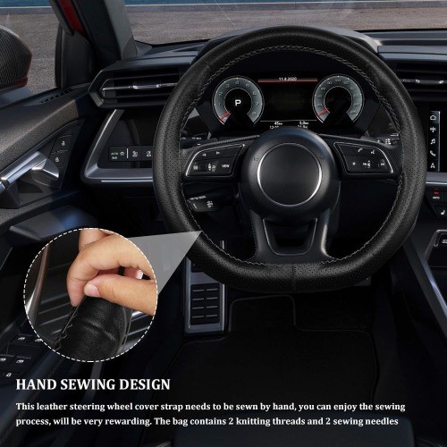 Steering Wheel Cover Lace Up, Stitch On Wrap, Breathabl Color: Full hole-Black
