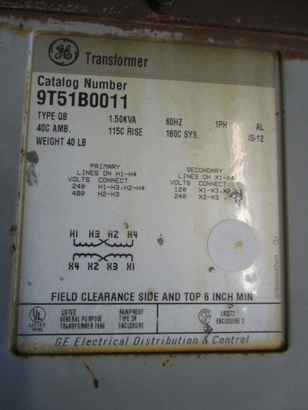 GE 9T51B0011, 1.5 KVA, 240/480×120/240 Volt, Nema 3R, Transformer- T1205