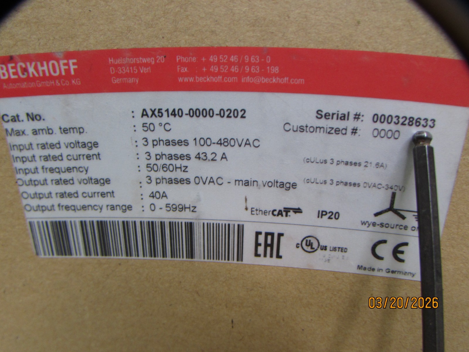 New! Beckhoff AX5140-0000-0202, Servo Drive, 3ph/ 100-480V/43.2A, MAKE OFFER!